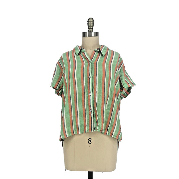 Cabi Women's Crinkled Gauze Linen-Blend Striped Camp Shirt sz Large Style 6201 - Picture 3 of 10